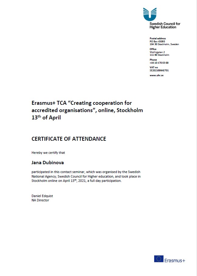 Certificate of attendance - Dubinova